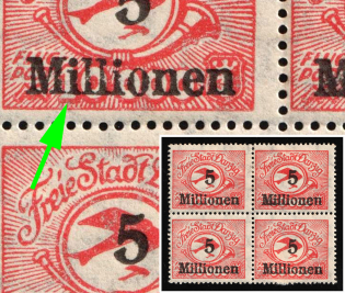 1923 5mln Danzig Gdansk, Germany, Airmail, Block of Four (Mi. 180, 180 F I, 5 Millionen on 10.000 instead 50.000, CV $60)