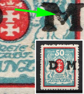 1922-23 50m Danzig Gdansk, Germany, Official Stamp (Mi. 33 var, Broken 'M')