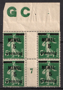 1920-22 5pf Memel, Germany, Gutter Block (Mi. 18 c ZW, 18 c MS, Margin, Plate Number '7', Sheet Inscription 'GC', CV $390, MNH)