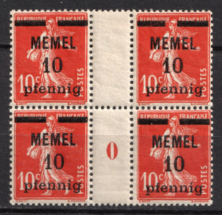 1920-22 10pf Memel, Germany, Gutter Block (Mi. 19 y ZW, 19 y MS, Plate Number '0', CV $50, MNH)