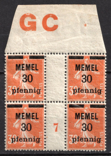 1920-22 30pf Memel, Germany, Gutter Block (Mi. 21 x ZW, Margin, Plate Number, CV $430, MNH)