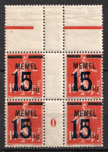 1921 15pf Memel, Germany, Gutter Block (Mi. 34 ZW, 34 MS, Margin, Plate Number '0', CV $70, MNH)