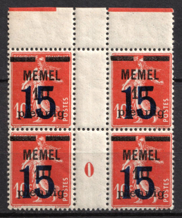 1921 15pf Memel, Germany, Gutter Block (Mi. 34 ZW, 34 MS, Margin, Plate Number '0', CV $30)