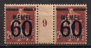 1921 60pf Memel, Germany, Gutter Pair (Mi. 35 MS, Plate Number '9')