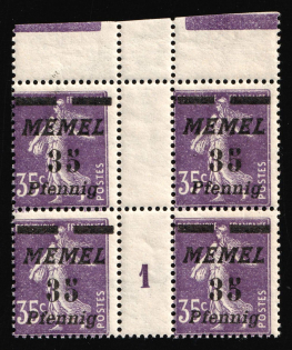 1922 35pf Memel, Germany, Gutter Block (Mi. 84 ZW, 84 MS, Margin, Plate Number '1', CV $30, MNH)