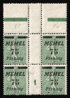 1922 75pf Memel, Germany, Gutter Block (Mi. 85 ZW, 85 MS, Margin, Plate Number '1', CV $30, MNH)