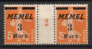 1922 3m Memel, Germany, Gutter Pair (Mi. 110 MS, Plate Number '2')