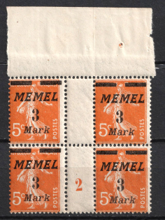 1922 3m Memel, Germany, Gutter Block (Mi. 110 ZW, 110 MS, Margin, Plate Number '2', CV $80, MNH)