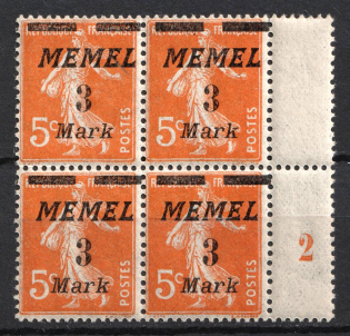 1922 3m Memel, Germany, Block of Four (Mi. 110, Margin, Plate Number '2', CV $40, MNH)