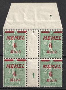 1922 6m Memel, Germany, Gutter Block (Mi. 111 ZW, Margin, Plate Number '1', CV $100, MNH)