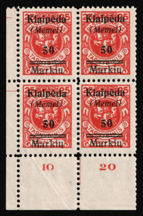 1923 50m Memel, Germany, Block of Four (Mi. 131, Corner Margin, Plate Numbers, CV $70, MNH)