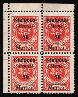1923 50m Memel, Germany, Block of Four (Mi. 131, Corner Margin, CV $40)
