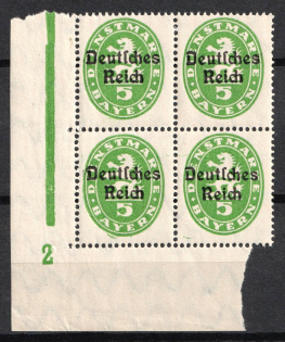 1920 5pf Weimar Republic, Germany, Official Stamps, Block of Four (Mi. 34, Corner Margin, Plate Number, MNH)