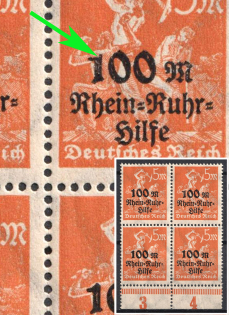 1923 100m Weimar Republic, Germany, Block of Four (Mi. 258 AFX, Small '1' of the Imprint '100' with Dent, Margin, Sheet Inscription, CV $70, MNH)