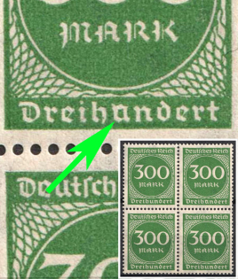 1923 300m Weimar Republic, Germany, Block of Four (Mi. 270 PF I, 'a' Instead of 'u' in 'Dreihandert', MNH)