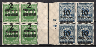 1923 Weimar Republic, Germany, Blocks of Four (Mi. 310 A, 335 var, SHIFTED of Overprints, Margins, Plate Numbers)