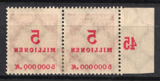 1923 5Mio Weimar Republic, Germany, Pair (Mi. 317 var, OFFSET of Overprints, Margin, Plate Number)