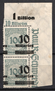 1923 10Mrd on 100Mio Weimar Republic, Germany, Pair (Mi. 337 A var, SHIFTED of Overprints)
