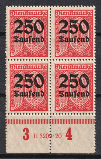 1923 250Tsd on 10pf Weimar Republic, Germany, Official Stamps, Block of Four (Mi. 93 HAN, Margin, Sheet Inscription)