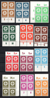 1934 Third Reich, Germany, Official Stamps, Blocks of Four (Mi. 132 - 143, Full Set, Margins, Plate Numbers, CV $350)
