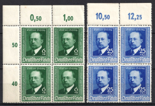 1940 Third Reich, Germany, Blocks of Four (Mi. 760 - 761, Full Set, Margins, Plate Numbers, CV $110, MNH)