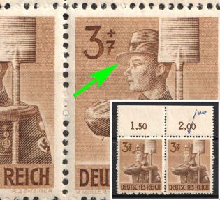 1943 3pf Third Reich, Germany, Pair (Mi. 850 I, Thin Shading Lines on the Cap, Margin, Plate Numbers, CV $30, MNH)