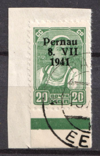 1941 20k Parnu (Pernau) on piece, German Occupation of Estonia, Germany (Mi. 8 I, Used, Margin, Green Control Strip, Signed, CV $180)