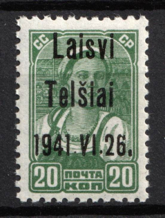 1941 20k Telsiai, Lithuania, German Occupation, Germany (Mi. 4 III, CV $30, MNH)