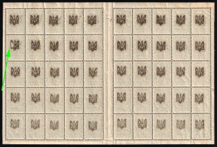 1918 2k Odessa (Odesa) Type 1, Ukrainian Tridents, Ukraine, Part of Sheet (Bulat 1059 d, OFFSET of Overprints, Overprint Plate Flaw in Pos.20, CV $50+, MNH)