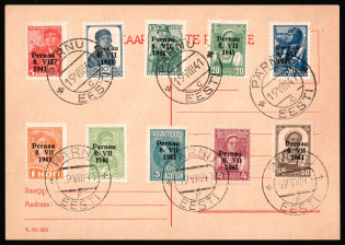 1941 (19 Aug) Parnu (Pernau), German Occupation of Estonia, Germany, Postcard from Parnu franked with Mi. 1 II - 2 II, 3 II B, 4 II - 10 II
