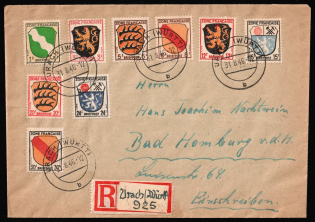 1946 (31 Aug) French Zone of Occupation, Germany, Registered Cover from Bad Urach to Bad Homburg franked with Mi. 1 - 4, 6 - 10 (CV $30)