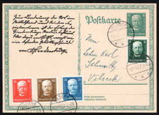 (2 Oct) 1927 Weimar Republic, Germany, Postal Stationary Postcard from Vilseck franked with 8pf, 15pf, 25pf, 50pf (Mi. 403 - 406, Full Set, CV $170)