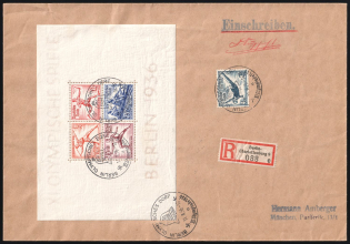 (11 Aug) 1936 Third Reich, Germany, Registered Cover from Berlin to Munich franked with Mi. Bl. 6, 625 (Unpriced, CV $---)
