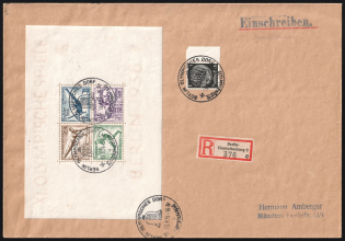 (13 Aug) 1936 Third Reich, Germany, Registered Cover from Berlin to Munich franked with Mi. Bl. 5, 512 (Unpriced, CV $---)