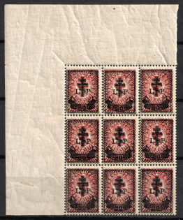 1919 30k on 4k West Army, Russia, Civil War, Block of Nine (Russika 24, Corner Margins, CV $225, MNH)