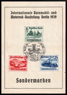 (17 Feb) 1939 'International Automobile and Motorcycle Exhibition Berlin', Third Reich, Germany, FDC Souvenir Card franked with Full Set of Mi. 686 - 688 (Commemorative Cancellation, CV $50)