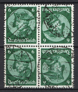 1933 6pf Third Reich, Germany, Tete-beche, Se-tenant, Zusammendrucke, Block of Four (Mi. K 17, Used, CV $70)