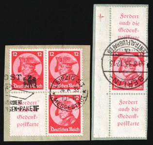 1933 12pf on pieces Third Reich, Germany, Se-tenants, Zusammendrucke, Block of Four (Mi. S 103, W 45, 480, Used, CV $150)