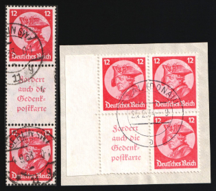 1933 12pf on pieces Third Reich, Germany, Se-tenants, Zusammendrucke, Block of Four (Mi. S 105, W 45, 480, Used, CV $150)