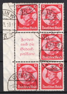 1933 12pf Third Reich, Germany, Se-tenant, Zusammendrucke, Block (Mi. S 105, 480, Margin, Used, CV $120)