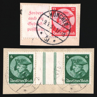 1933 Third Reich on pieces, Germany, Se-tenants, Zusammendrucke (Mi. W 45, WZ 9, Used, CV $80)