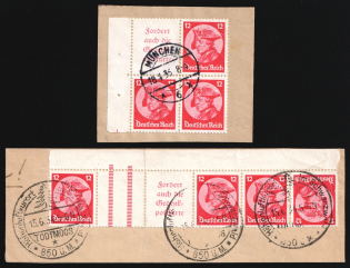1933 12pf on pieces Third Reich, Germany, Se-tenants, Zusammendrucke, Block of Four (Mi. W 45, WZ 11, 480, Used, CV $200)