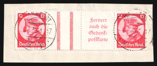 1933 12pf on piece Third Reich, Germany, Se-tenant, Zusammendrucke (Mi. WZ 11, Used, CV $170)