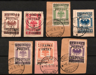 1919 Albania on pieces (Mi. 53 - 59, Full Set, Used, CV $110)