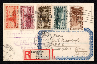 1935 (13 Jan) 'German Greetings from Saarbrucken' Joining of Saar, Germany, Registered Postcard from Saarbrucken to Bern (Switzerland) franked with 10c, 25c, 40c, 50c and 60c