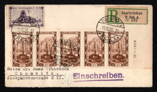 1928 (10 Oct) Joining of Saar, Germany, Registered Cover from Saarbrucken to Chemnitz franked with 1fr and Strip of 10c (Mi. 108, 117, 108 Br, Margin, Plate Number, CV $120)