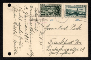 1935 (13 Jan) Joining of Saar, Germany, Postcard from Saarbrucken to Frankfurt franked with 15c and 25c