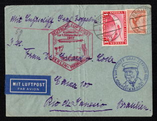 1933 (6 May) Graf Zeppelin, 'First South America Trip 1933', Third Reich, Germany, Zeppelin Airmail Cover from Berlin to Rio de Janeiro (Brazil) franked with 50pf and 1m (Mi. 381, 455, CV $120)
