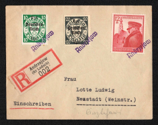 1940 (15 Aug) Third Reich, Germany, Registered Cover from Andrzejow to Neustadt franked with 12pf, 10Rpf and 20Rpf (Mi. 691, 720, 723, CV $50)