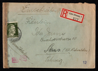 1943 (7 Jul) Third Reich, Germany, Censored Registered Cover from Linz to Switzerland franked with 25pf and 30pf